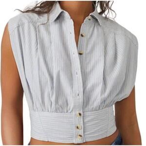 Free People We The Free Cassie Stripe Sleeveless Crop Shirt Blue Tan Medium
